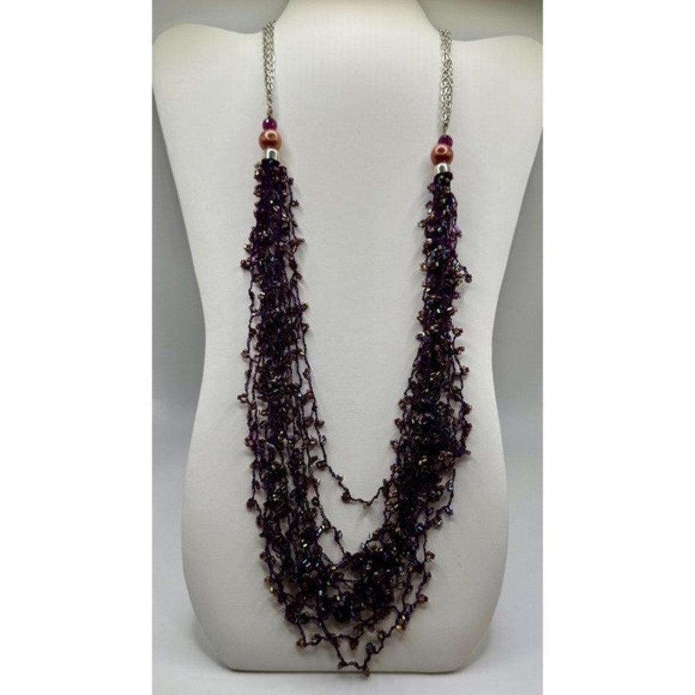 Purple Beaded Multi Strand Statement Necklace Iridescent Fashion